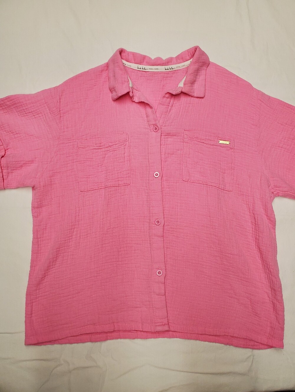 Nicole Miller New York Pink Cotton Gauze Crop Shirt Womens L Boxy Fit